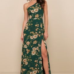 Elegant Admiration Emerald Green Floral One-Shoulder Maxi Dress