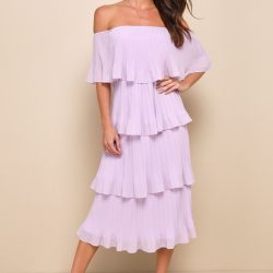 Gala Ready Lavender Off-the-Shoulder Ruffle Midi Dress