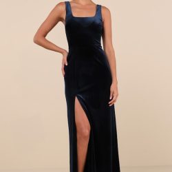 Elegant Sweetie Dark Navy Velvet Square Neck Maxi Dress