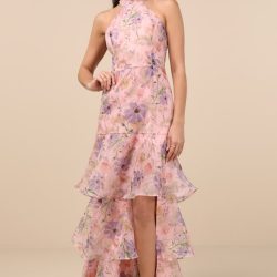 Forever Exceptional Light Pink Floral Halter Organza Maxi Dress