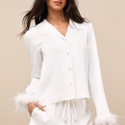 Lindon Ivory Satin Feather Two-Piece Pajama Set
