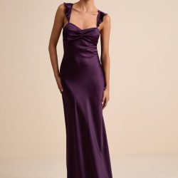 Exuberant Luxury Plum Purple Satin Ruffled Lace-Up Maxi Dress