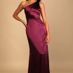 On the Guest List Burgundy Satin One-Shoulder Maxi Dress
